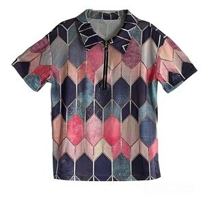 Watercolor Zip Collar Short-Sleeve Chevron Geo Print Golf Shirt Perfect NWT